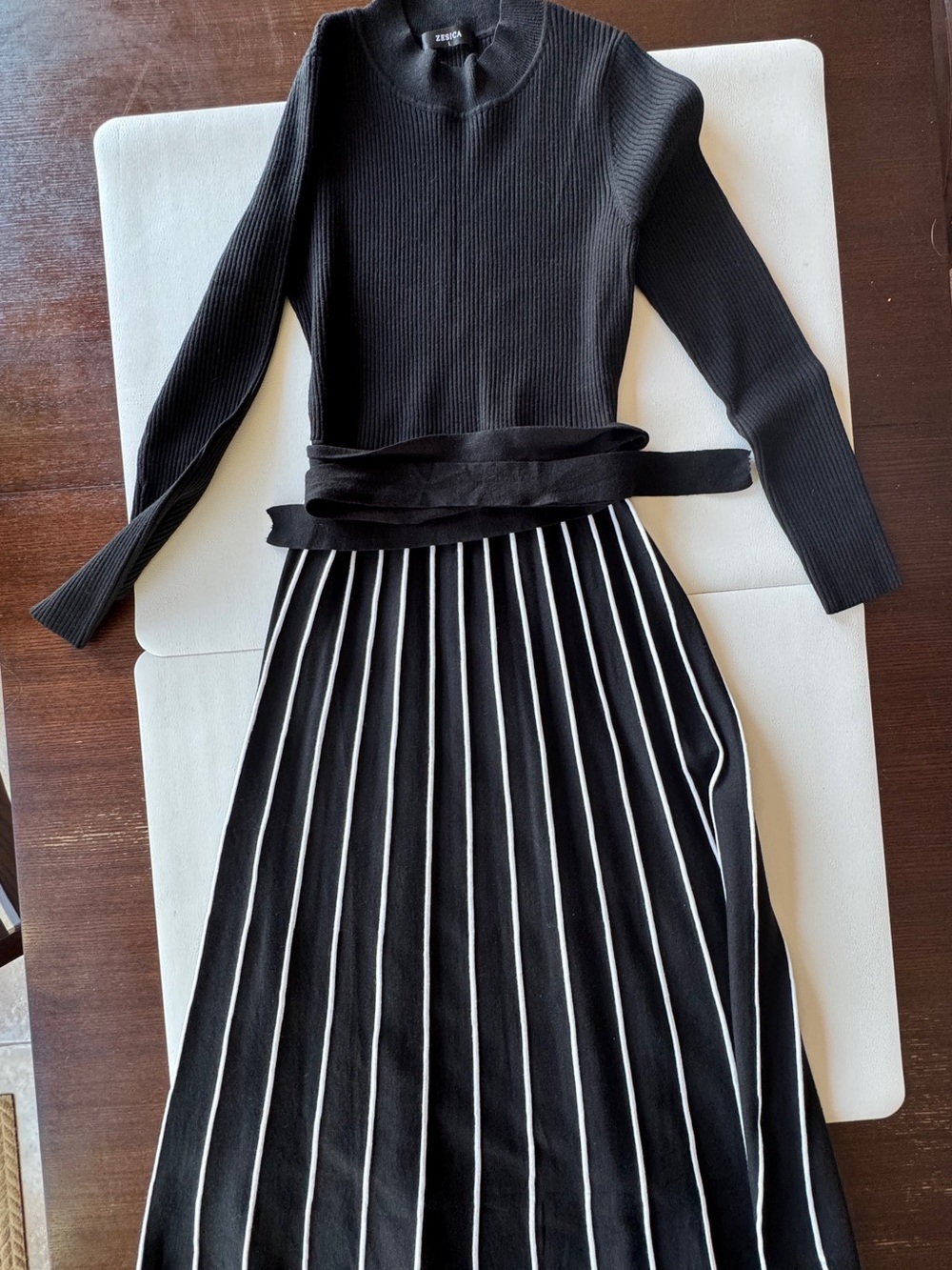 Zesica Black Ribbed Knit Belted Dress with White Pinstripe Skirt